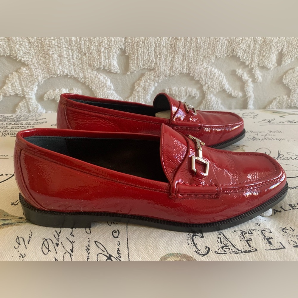 GUCCI AUTHENTIC Loafers: Red Patent Leather, Silver Horsebit, Size 39.5
